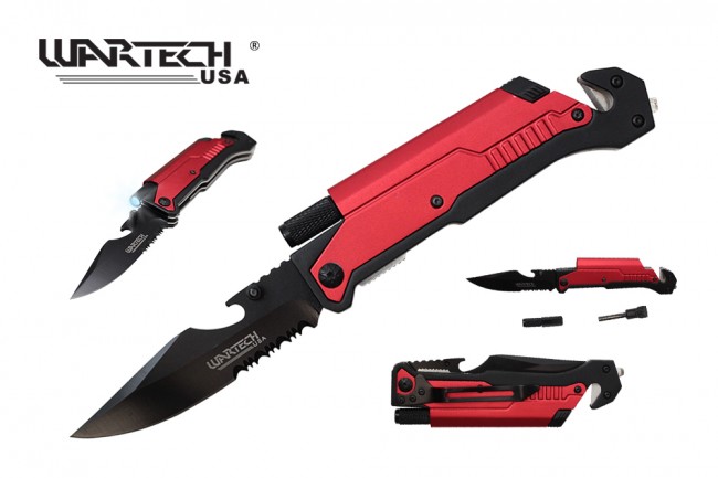 Spring-Assisted Folding Knife Red Belt Cutter, Glass Breaker, LED, Fire Start