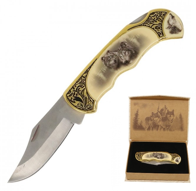 Folding Knife 3.4in. Blade Collectible Wolf Manual Folder + Wooden Display Box