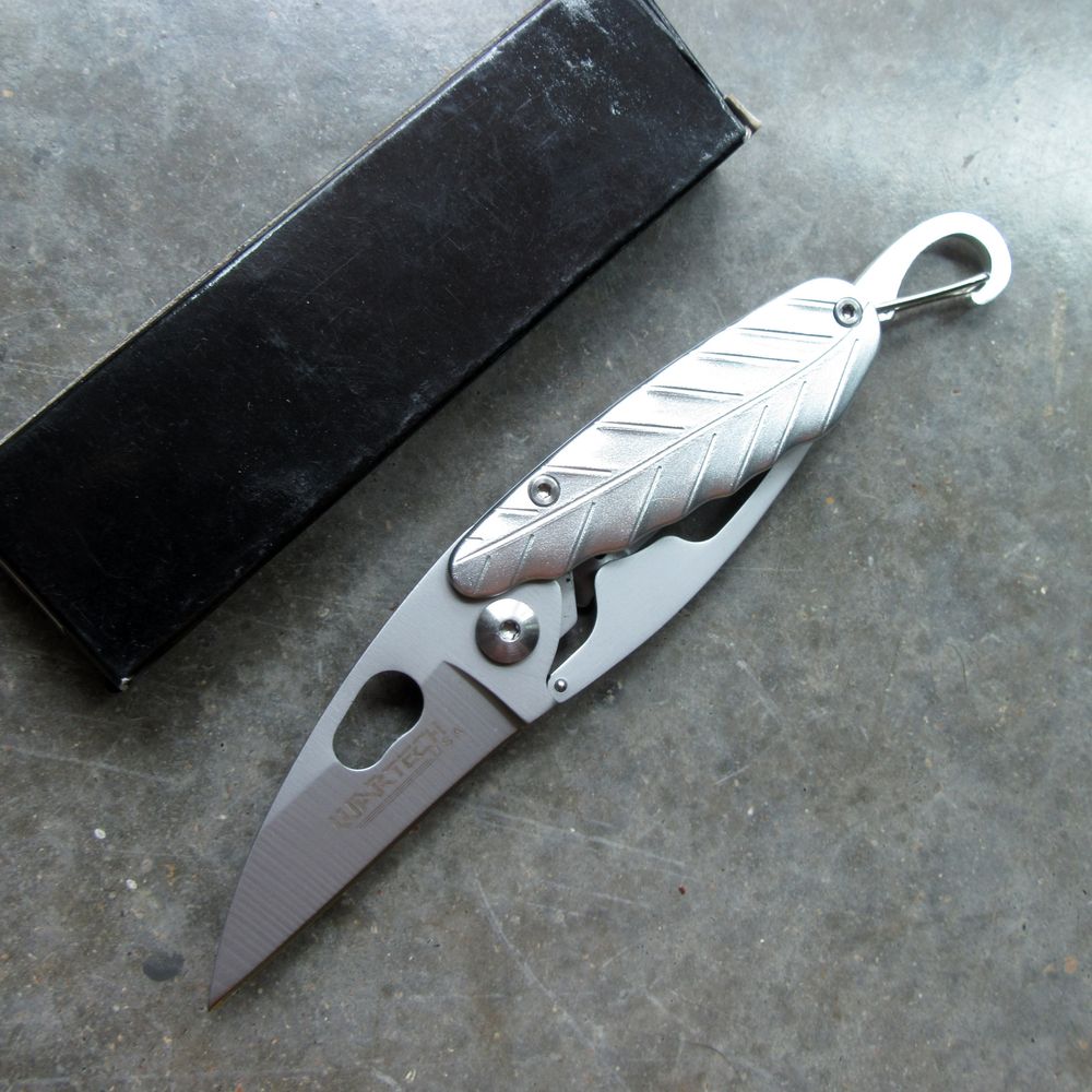 Folding Pocket Knife Mini 2in. Silver Stainless Steel Blade Leaf Carabiner EDC