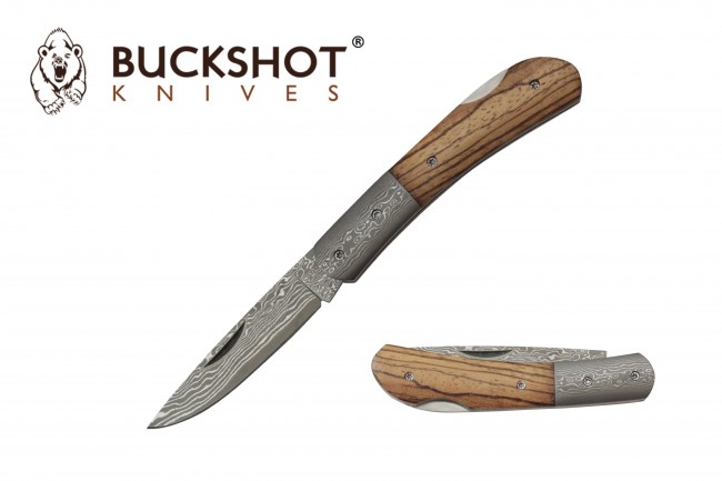 Damascus Steel Blade Folding Knife Buckshot 3in. Blade Classic Wood Lockback