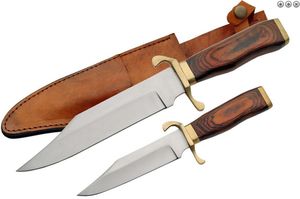 Fixed-Blade Bowie Knife | 2 Piece Set Wood Brass Handle W/ Leather Sheath 203264