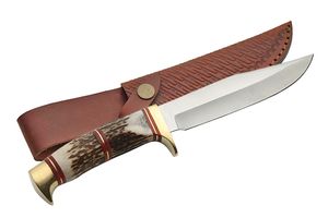 9.75in. Steel Wolf Genuine Stag Bone Hunting Skinning Knife w/ Leather Sheath
