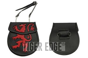 Medieval Belt Bag | Black Red Real Leather Coat Of Arms Lion Day Sporran Pouch