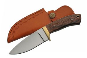 Hunting Knife Fixed Blade Wood Handle Skinning 8in. Small Brass Guard w/ Sheath
