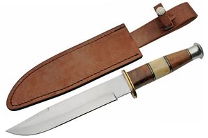 Hunting Knife Big Bowie 14.5in. Overall Brown Wood/Bone Handle + Leather Sheath