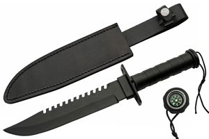 Survival Knife 8.75In Sawback Blade Black Steel Handle Compass + Leather Sheath