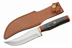 Hunting Knife | 5.25in Steel Blade Brass Gray Wood Handle + Leather Sheath