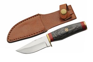 Hunting Knife 3.25In Steel Blade Brass Gray Wood Handle + Leather Sheath