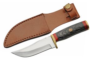 Hunting Knife | 4.25in Steel Blade Brass Gray Wood Handle + Leather Sheath