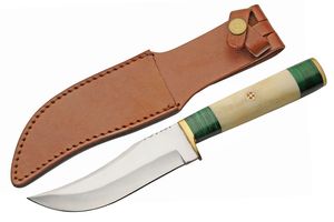 Hunting Knife | 5.25in Stainless Blade Bone Brass Wood Handle Green White