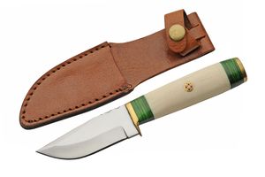 Hunting Knife | 3.25in Stainless Blade Bone Brass Wood Handle Green White