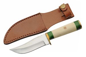 Hunting Knife 4.25In Steel Blade Bone Brass Wood Handle Green White