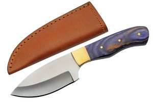 Hunting Knife 3.5in. Blade Full Tang Brass Opal Wood Handle + Leather Sheath
