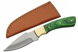 Hunting Knife 4.5in. Blade Full Tang Brass Green Wood Handle + Leather Sheath