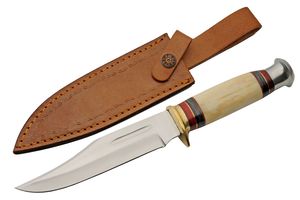 Hunting Knife Stainless Steel Clip Point Blade Bone Wood Handle + Leather Sheath