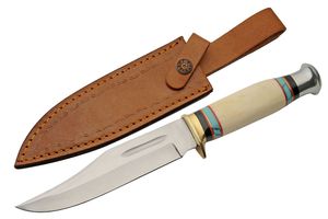 Hunting Knife Stainless Steel Clip Point Blade Bone Brass Resin Handle + Sheath