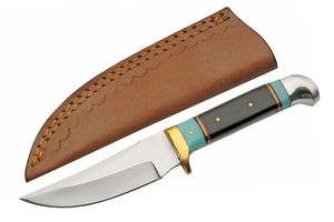 Hunting Knife Upswept Blade Brass Black Horn Turquoise Handle + Leather Sheath