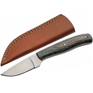 Compact Hunting Knife Stainless Drop Blade Gray Wood Handle + Leather Sheath
