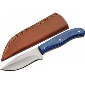 Compact Hunting Knife Stainless Steel Blade Blue Wood Handle + Leather Sheath