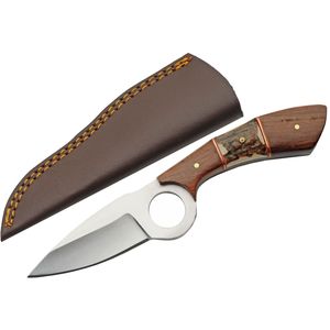 Hunting Knife Stainless Blade Blade Wood/Stag Handle Full Tang + Leather Sheath