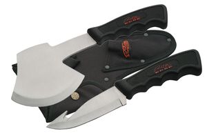 Stainless Steel Black Gut Hook Knife And Hatchet Hunter Set W/ Combo Sheath