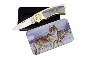 Folding Knife With Display Box Wolf Pocket Folder Collectible Gift w/ Tin