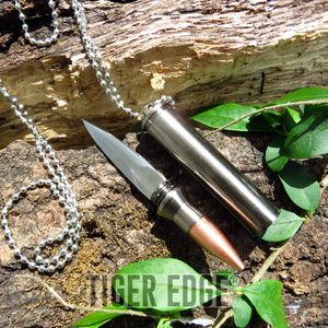 Fixed-Blade Neck Knife 3in. Tactical Self-Defense 30-06 Rifle Bullet Necklace