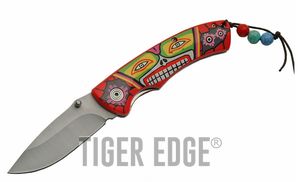 Folding Pocket Knife 3in Silver Blade Red Aztec Native American Tribal Spirit EDC