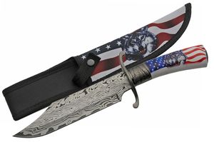 Bowie Knife 12in. Overall USA American Flag Wolf Etched Blade + Sheath