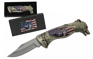 Folding Pocket Knife | American Flag Us Wolf With Decorative Gift Box 211470-Wf