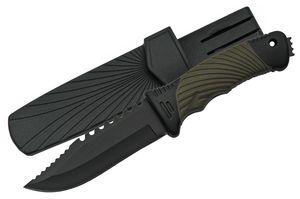 Tactical Knife Black 4.25in. Fixed-Blade Glass Breaker Sawback Slim Sheath Green