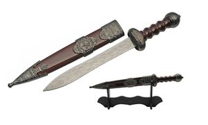 Fixed Blade Dagger Knife 11in. Roman Etched Blade With Display Stand Gift 211518