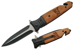 Spring-Assist Folding Knife | Wood Deer Handle Stiletto Blade with Punch, Cutter