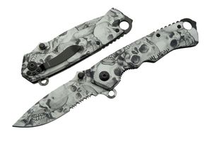 Spring-Assist Folding Knife | Black Gray Skull Print Blade/Handle Tactical EDC