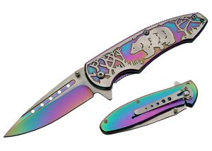Spring-Assist Folding Knife | Rainbow Bear Embossed Titanium Oxide Blade/Handle