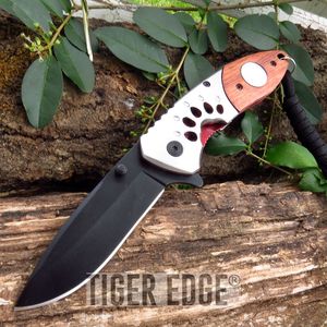 Spring-Assist Folding Pocket Knife Black Blade Wood Bear Tactical Hunting