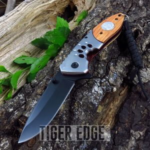 Spring-Assist Folding Pocket Knife Black Blade Wood Wolf Tactical Hunting