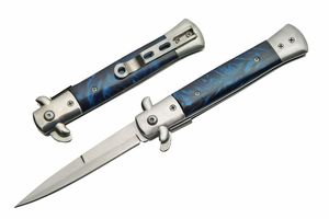 Spring-Assist Folding Knife Rite Edge Stiletto Stainless Blade Blue Swirl Handle