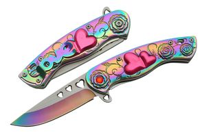 Spring-Assist Folding Knife Pink Heart Rainbow Rose Love Women Girl Blade