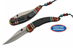 Spring-Assist Folding Pocket Knife | Native American Black Wood Silver Blade