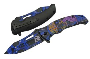 Spring-Assist Folding Knife Black Blue Cat Demon Skull Pocket EDC 300503-Bl