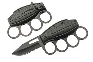 Spring-Assisted Folding Knife Black Grenade Knuckle Guard Serrated Blade