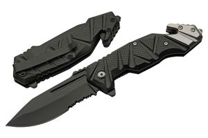 Folding Knife 3.5in. Black Serrated Steel Blade Tactical EDC Rescue Silver