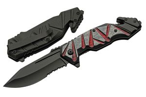 Folding Knife | 3.5in. Black Serrated Steel Blade Tactical EDC Rescue Silver/Red