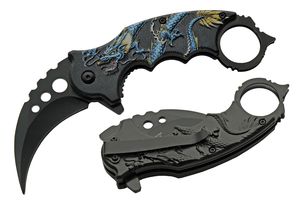 Folding Knife 3.25In Hawkbill Blade Black Blue Gold Dragon Karambit Claw
