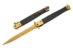 Spring-Assist Folding Knife Extra Long Stiletto Blade 13In Overall Black Gold