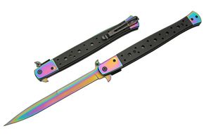 Spring-Assist Folding Knife Extra Long Stiletto Blade 13in Overall Black Rainbow