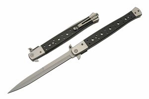 Spring-Assist Folding Knife Extra Long Stiletto Blade 13in Overall Black Silver