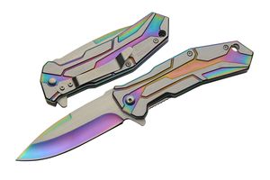 Spring-Assist Folding Knife | Rite Edge Heavy Duty Steel Rainbow Silver EDC