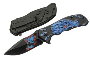 Folding Knife | 3.5in Blade Black Blue Wolf Hunter EDC Pocket Clip Tactical